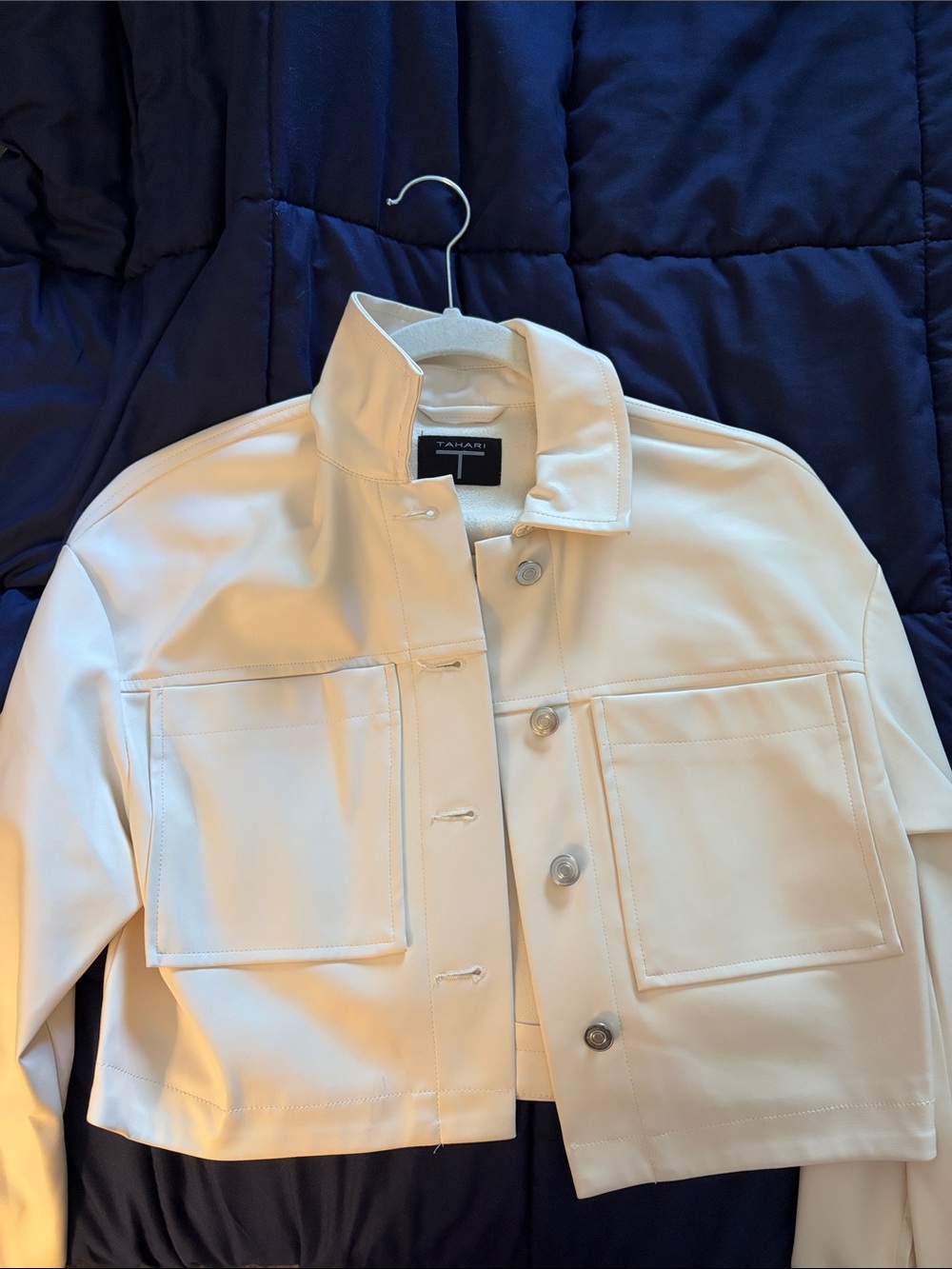 Tahari Ivory Cropped Button-Front Jean Jacket